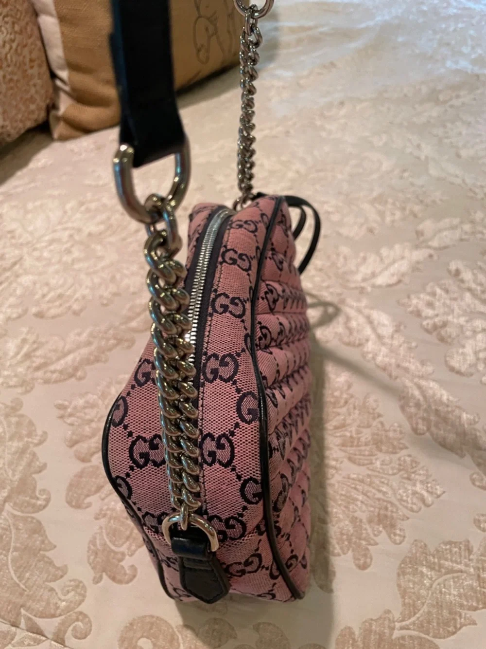 Gucci Pink GG Canvas Crossbody with Black Trim